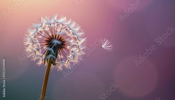 Obraz A close-up of a dandelion seed head with one seed drifting away, backlit by soft, warm light against a blurred purple background.