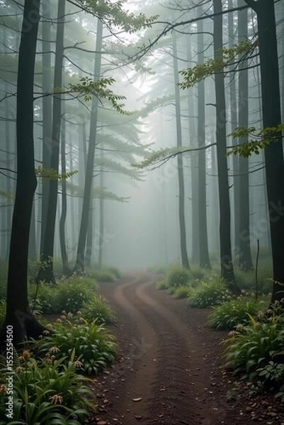 Obraz A misty forest path winds through tall trees and lush green plants, creating a serene and tranquil natural scene.