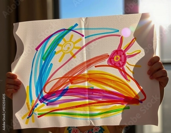 Obraz A colorful child"s drawing features a bright sun and rainbow-like arcs on a textured paper, held up with sunlight shining from the right side.