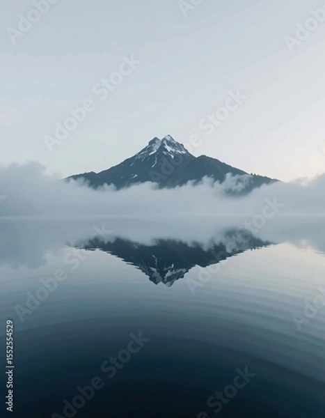Obraz A snow-capped mountain reflects perfectly on a calm lake, surrounded by mist and soft clouds under a pale sky.