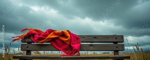 Obraz A vibrant red and orange scarf lies on a wooden bench under a dramatic cloudy sky in a natural, open field setting.