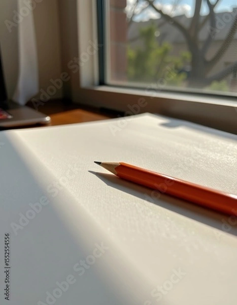 Obraz A sharpened orange pencil rests on a white surface near a sunlit window with a blurry outdoor view in the background.