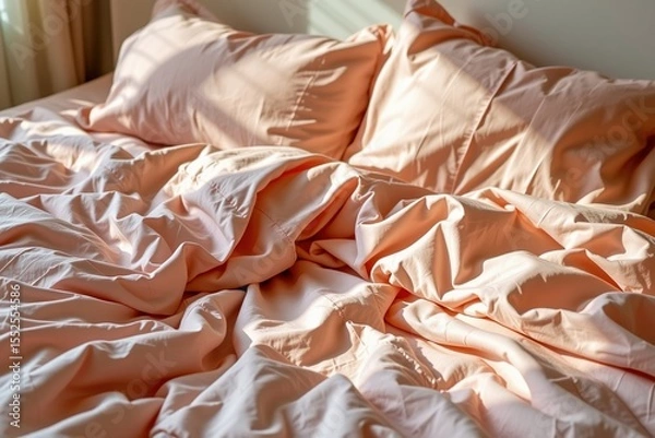Obraz A cozy, unmade bed with soft peach-colored sheets and pillows bathed in warm natural sunlight.