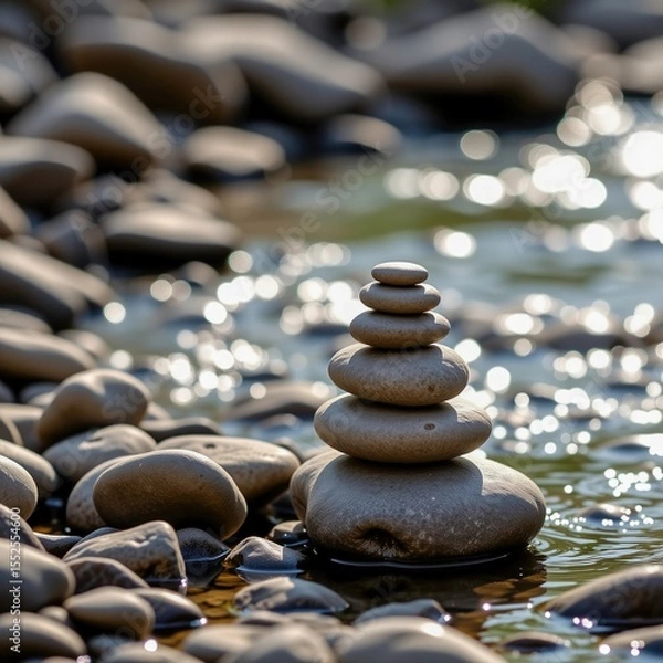 Obraz Smooth pebbles stacked in a balanced tower on a riverbed with sparkling water and sunlight reflections in the background.