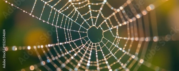 Obraz A close-up of a spider web covered in dew droplets, glistening with bokeh light effects in the background.