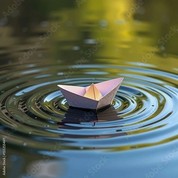 Obraz A delicate paper boat floats on calm water, creating gentle ripples under soft, natural light.