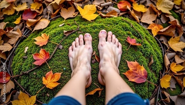 Obraz Bare feet stand on vibrant green moss surrounded by colorful autumn leaves in shades of orange, yellow, and red.