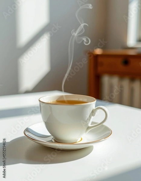 Obraz A steaming cup of tea in an elegant white porcelain cup and saucer sits on a bright table with soft sunlight casting shadows.