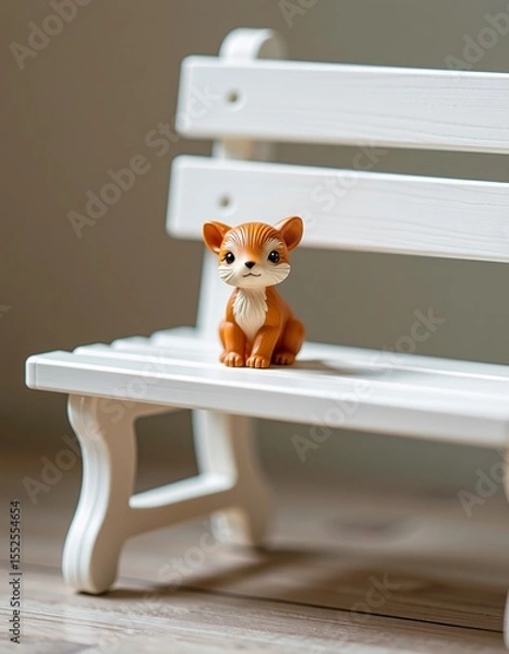 Obraz A small, cute toy tiger sits alone on a white wooden bench against a blurred neutral background.