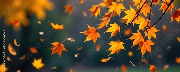 Obraz Vibrant autumn maple leaves in shades of orange and yellow gently falling against a blurred natural background.