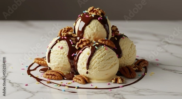Fototapeta Decadent Vanilla Ice Cream Sundae Tower Drizzled with Chocolate