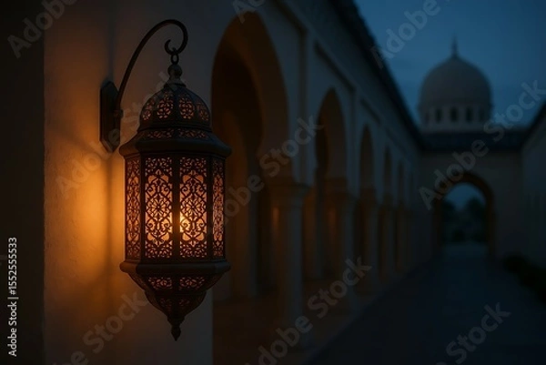 Fototapeta A Moroccan lantern casts warm light beside a corridor of Islamic arches at dusk. Ideal for religious, architectural, spiritual, or cultural visuals, especially during Ramadan and Middle Eastern themes