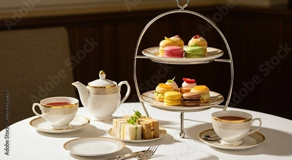 Obraz Elegant Afternoon Tea with Delectable Pastries and Fine China