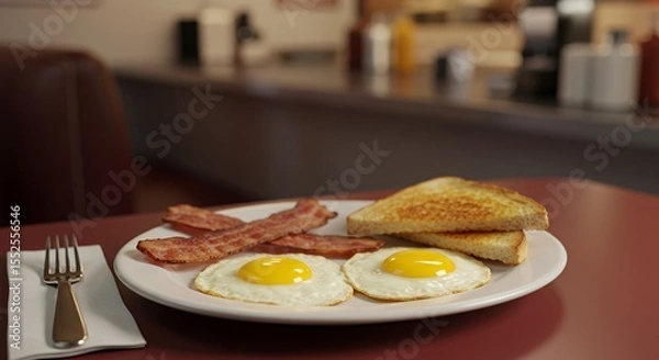 Fototapeta Classic Diner Breakfast: Sunny-Side Up Eggs, Crispy Bacon, and Toasted Bread