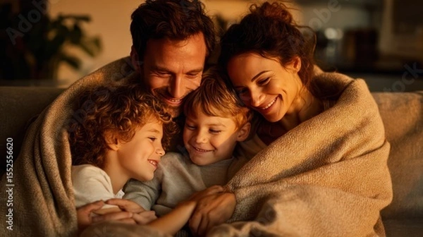 Fototapeta Loving parents cuddling with their two children on a couch, wrapped in a blanket, warm evening light, happy faces full of love