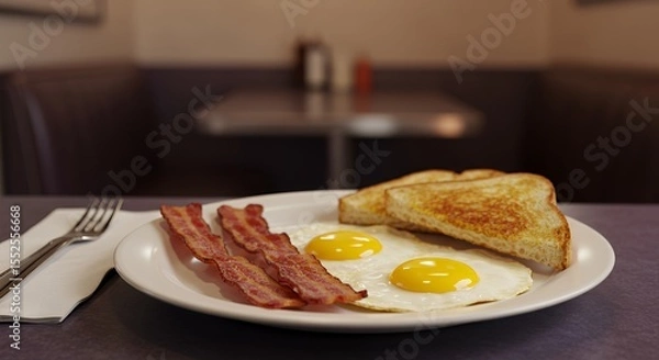 Fototapeta Classic Diner Breakfast: Sunny-Side Up Eggs, Crispy Bacon, and Toasted Bread