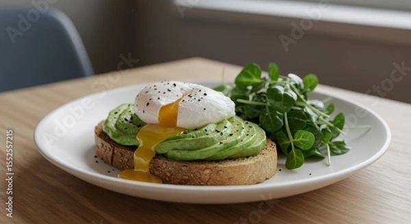 Fototapeta Indulge in this perfectly poached egg atop creamy avocado toast, garnished with fresh greens.