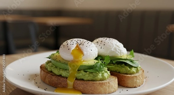 Fototapeta Indulge in this vibrant avocado toast topped with perfectly poached eggs, a delightful brunch treat.