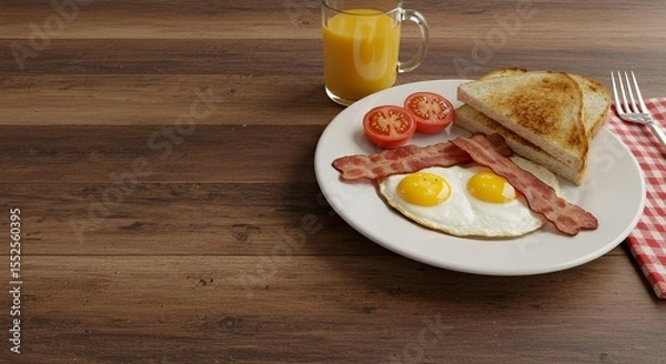 Fototapeta Sunny-side up eggs, crispy bacon, and toast make a perfect breakfast.