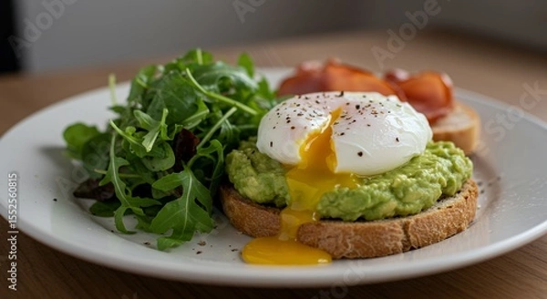 Fototapeta Indulge in this vibrant avocado toast topped with a perfectly poached egg and a side of arugula.