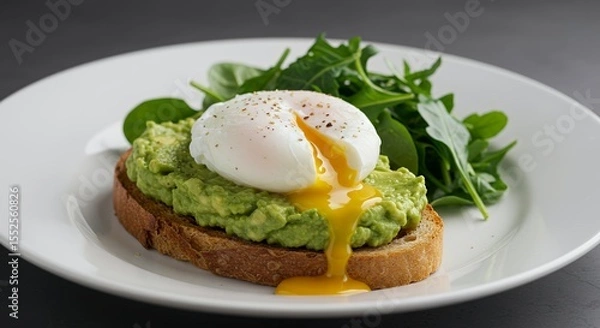 Fototapeta Indulge in this vibrant avocado toast topped with a perfectly poached egg and fresh greens.