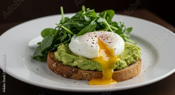 Fototapeta Indulge in this vibrant avocado toast topped with a perfectly poached egg and fresh arugula.