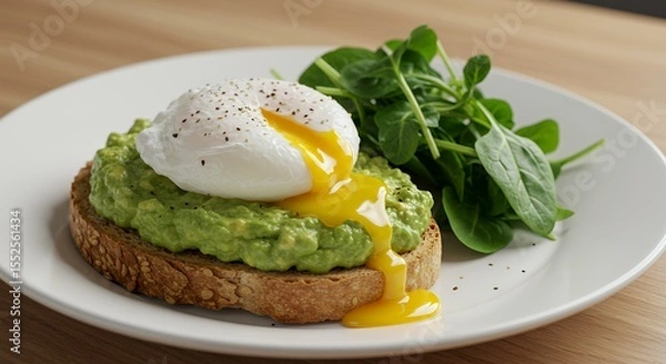 Fototapeta Indulge in this vibrant avocado toast topped with a perfectly poached egg and fresh spinach.