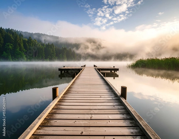 Fototapeta Misty Morning Wooden Dock Extending into Fog-Covered Lake