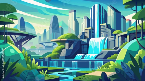 Obraz Beautiful cityscape with nature and waterfalls, a modern utopian graphic for logo design or vibrant eco-friendly presentations.