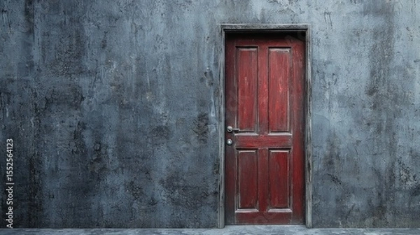 Fototapeta A red wooden door with a textured gray wall in the background.