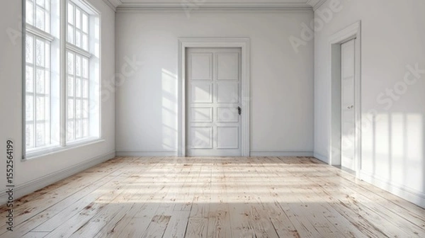 Fototapeta A spacious, minimalist white room with wooden floors and a large window, featuring a white door with a black handle and a white wall with a white door.