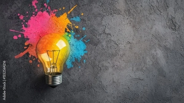 Fototapeta A light bulb with colorful paint splatters on a concrete background. The concept of creativity and innovation is highlighted.