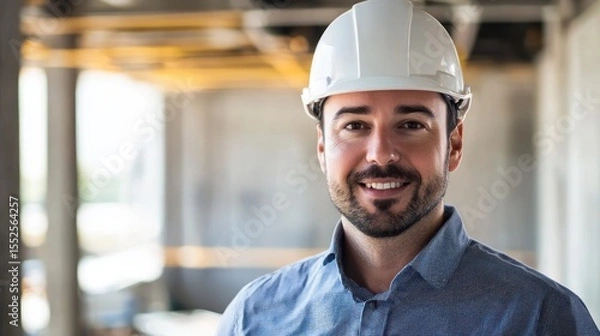 Fototapeta A man wearing a white hard hat stands in a construction site, smiling at the camera.