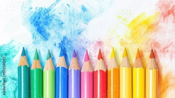 Fototapeta A row of colorful pencils against a watercolor background.