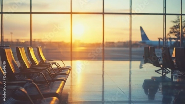 Fototapeta Empty airport terminal with chairs and a plane in the distance, with a sunset in the background.