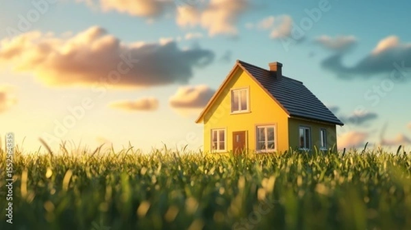 Fototapeta A yellow house with a red roof stands in a green field under a blue sky with white clouds.