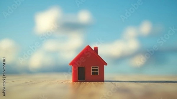 Fototapeta A red toy house on a wooden table with a blue sky and white clouds in the background.