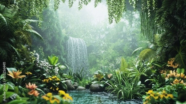 Fototapeta A serene tropical rainforest with a waterfall, lush greenery, and vibrant flowers.