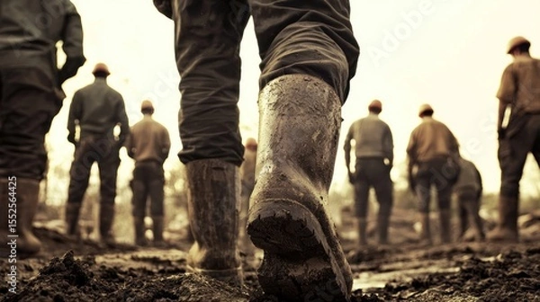 Fototapeta A group of men in muddy boots walking through a muddy field. The scene is set in a rural or industrial environment with a cloudy sky in the background.