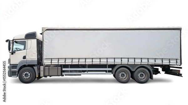 Fototapeta A white and gray semi-truck with a white tarp on its side, parked on a white background.