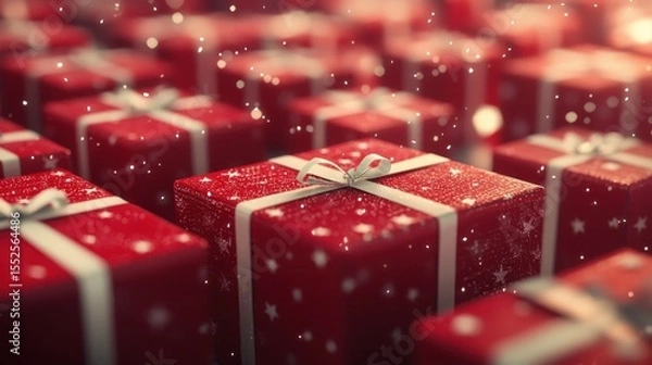 Fototapeta A close-up of a red gift box with a white ribbon and bow, surrounded by other identical boxes, against a blurred background with a bokeh effect.