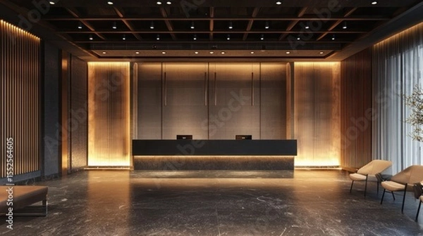 Fototapeta A modern, minimalist lobby with a wooden paneling and a sleek black reception desk.