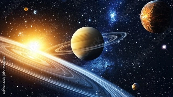 Fototapeta A vibrant space scene with planets, stars, and a sun in the background. The planets are Saturn, Jupiter, and Mars, with rings and moons visible.