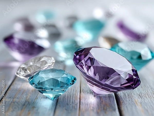 Fototapeta Colorful gemstones on a wooden surface
