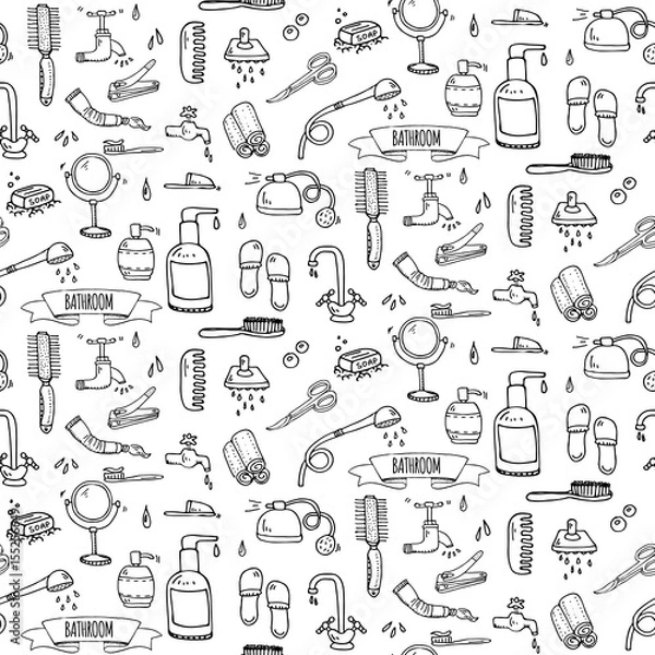 Obraz Seamless pattern hand drawn doodle Bathroom related icons set Vector illustration home bath symbols collection Cartoon elements Sketch Toilet Sink Shower Bathtub Lavatory Towel Robe Slippers Fan