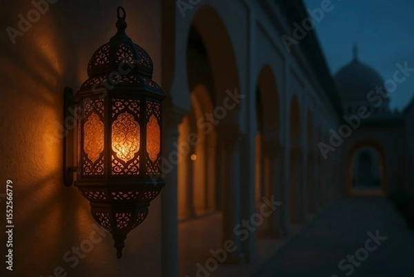 Fototapeta A glowing Moroccan lantern lights up an Islamic archway during twilight, showcasing cultural elegance and spiritual calm. Ideal for Ramadan, Islamic architecture, and warm evening scenes.
