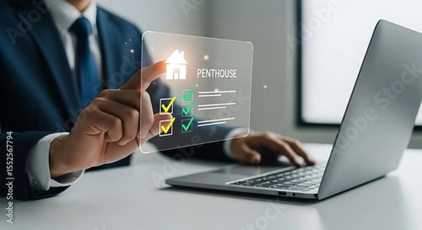 Fototapeta Elegant Businessman Using Futuristic Home Checklist Interface on Laptop