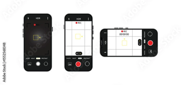 Fototapeta Camera interface in phone screen. Photo, video ui in cellphone. App for record from mobile cam. Viewfinder, grid, focus, button and rec. Smartphone for photography, selfie and video interface. Vector.