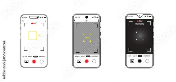 Fototapeta Camera interface in phone screen. Photo, video ui in cellphone. App for record from mobile cam. Viewfinder, grid, focus, button and rec. Smartphone for photography, selfie and video interface. Vector.