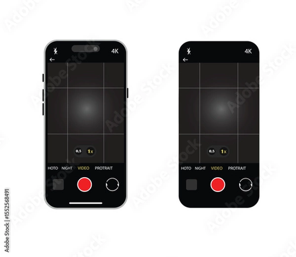 Fototapeta Mobile Camera App UI Elements – Vector Interface with Viewfinder, Focus Grid, Record Buttons for Photography and Video on Smartphone Screen.